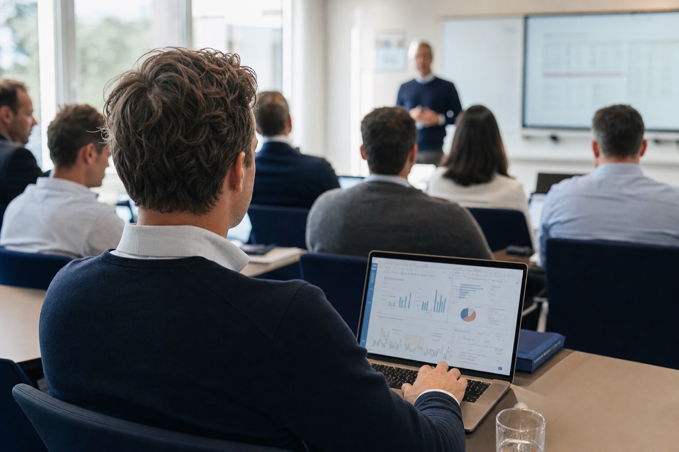 AI-gegenereerde sfeerimpressie van een financeprofessional tijdens een AI-training